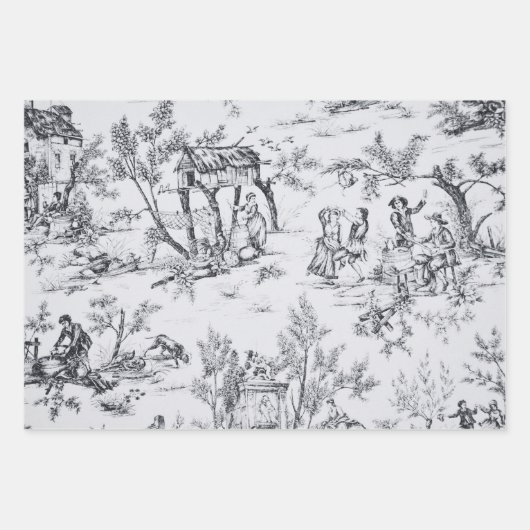 Franse toile de jouy zwart-wit klassieker inpakpapier vel (Voorkant)