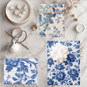 Franse Toile Droomblauw Gegraveerde Bloemrijke Gro Inpakpapier Vel