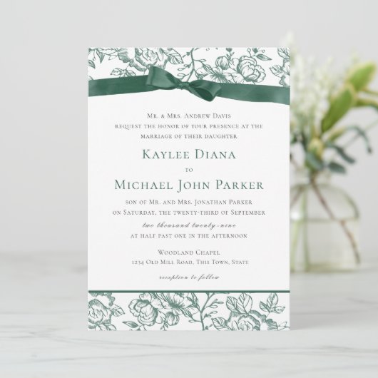 Franse Toile en Sage Green Bow Kaart (Staand voorkant)