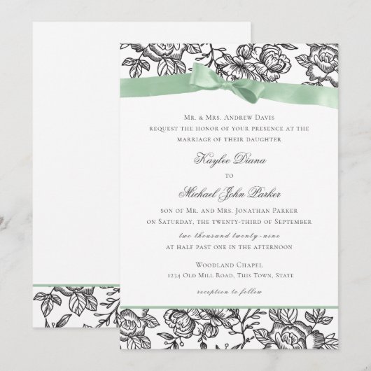 Franse Toile en Sage Green Bow Kaart (Voorkant / Achterkant)