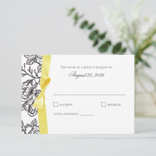 Franse Toile en Yellow Bow Reactie RSVP Kaartje (Staand voorkant)