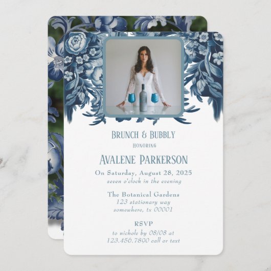 Franse Toile Floral Brunch en Bubbly Kaart (Voorkant / Achterkant)