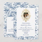Franse Toile Floral Dusty Blauw Foto Wedding Kaart (Voorkant / Achterkant)