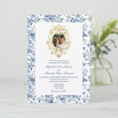 Franse Toile Floral Dusty Blauw Foto Wedding Kaart (Staand voorkant)