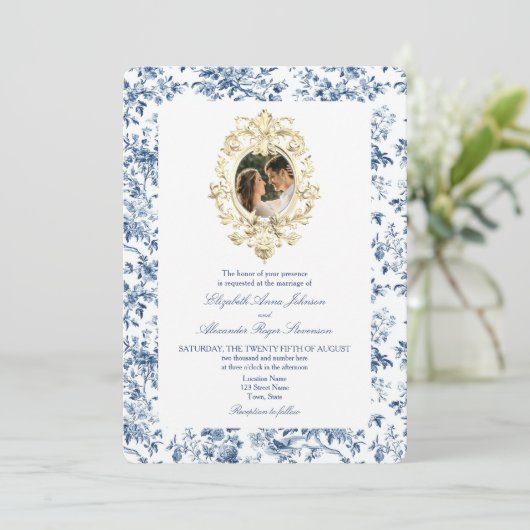 Franse Toile Floral Dusty Blauw Foto Wedding Kaart (Staand voorkant)