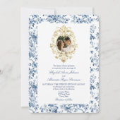 Franse Toile Floral Dusty Blauw Foto Wedding Kaart (Voorkant)