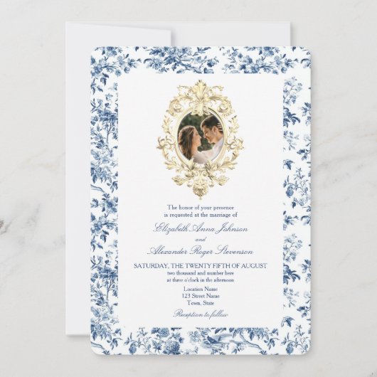 Franse Toile Floral Dusty Blauw Foto Wedding Kaart (Voorkant)