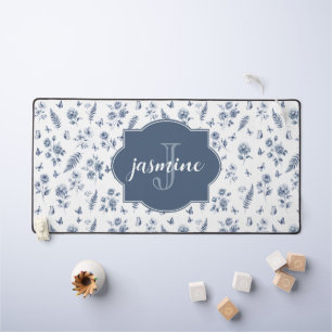Franse Toile Monogram Naam Waterverf Blauw Patroon Bureaumat