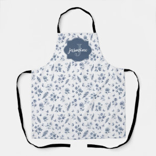 Franse Toile Monogram Naam Waterverf Blauw Patroon Schort