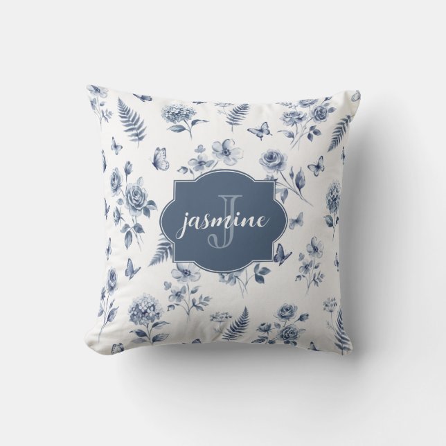 Franse Toile Monogramnaam Waterverf Blauw Patroon Kussen (Voorkant)