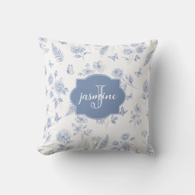 Franse Toile Monogramnaam Waterverf Blauw Patroon Kussen (Voorkant)