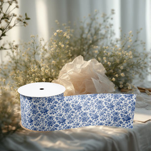 Franse Toile Poederblauwe Bloemrijke Elegantie Vin Satijnen Lint
