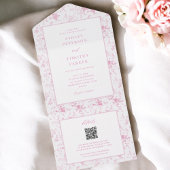 Franse Toile  Roze Bloemen Huwelijk All In One Uitnodiging