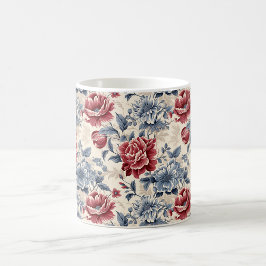 Franse toile & Toile de Jouy blauwe en rode rozen. Koffiemok