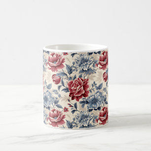 Franse toile & Toile de Jouy blauwe en rode rozen. Koffiemok