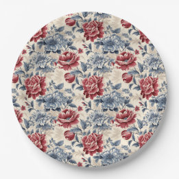 Franse toile & Toile de Jouy blauwe en rode rozen. Papieren Bordje