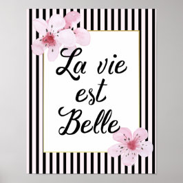 Franse typografie zwart en roze gestreept bloesems poster