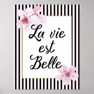 Franse typografie zwart en roze gestreept bloesems poster