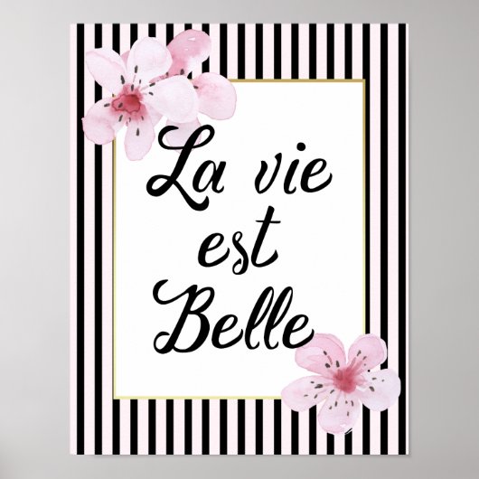 Franse typografie zwart en roze gestreept bloesems poster (Voorkant)