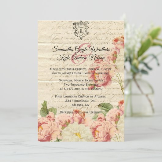 Franse uitnodiging voor een  brief en Rozen voor w (Staand voorkant)