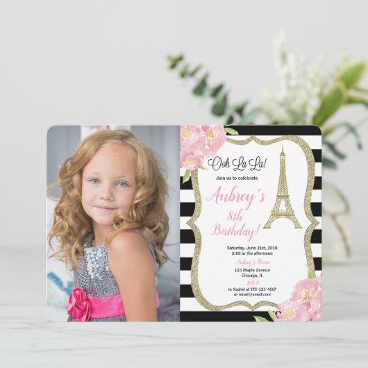 Franse verjaardagsfoto uitnodiging roze goud (Staand voorkant)