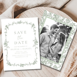 Franse Victoriaans Floral Sage Groene Foto Huwelij Save The Date