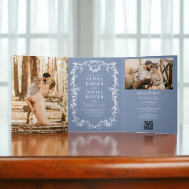 Franse Victoriaans QR-code Dusty Blue Photo Weddin Drieluik Uitnodiging