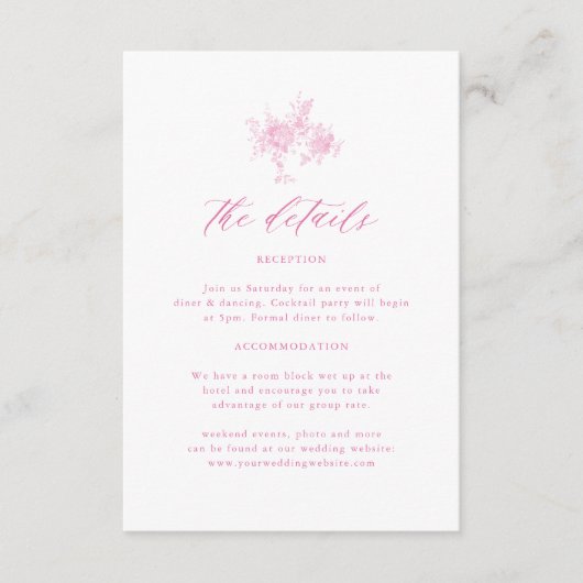 Franse Victoriaans Toile Roze bruiloft De details Informatiekaartje (Voorkant)