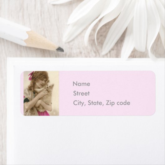 Franse Victoriaans vrouw en witte hond Etiket (Insitu)