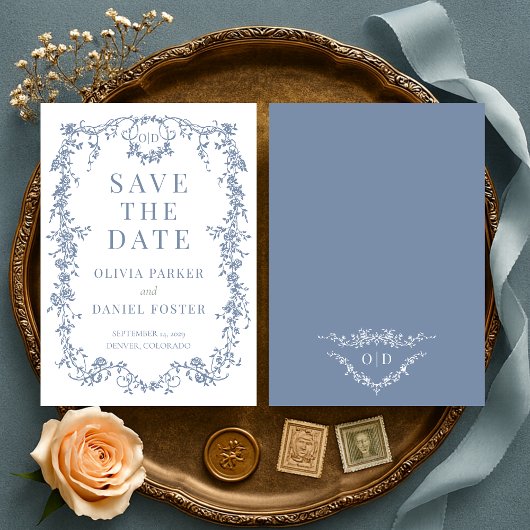 Franse Victoriaanse Stofblauwe Trouw 'Save the Dat Save The Date