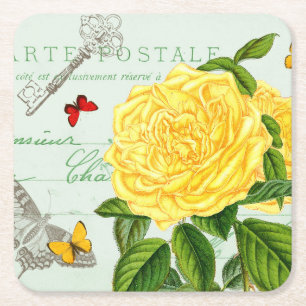 Franse vintage bloemenservietring met mooie roos kartonnen onderzetters