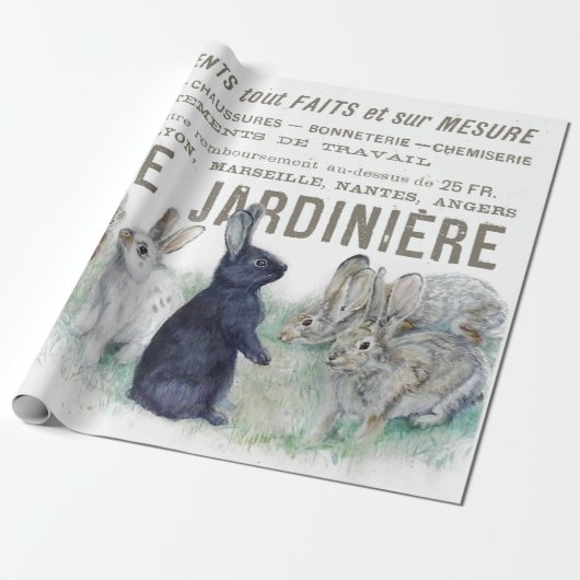 Franse Vintage Bunny Rabbit-ontkoppeling Cadeaupapier (Uitgerold)
