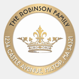 Franse Vintage Kroon Metallic Goud Retouradres  Ronde Sticker