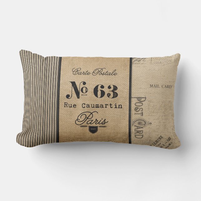 Franse Vintage Postage Burlap Kussen (Voorkant)