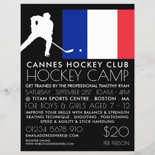 Franse vlag, hockeyspeler, kampreclamefolder flyer (Voorkant)