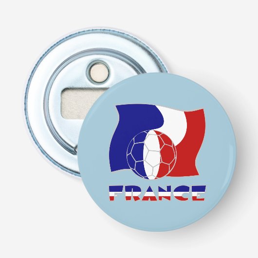 Franse Vlag met Voetbal Blauwe Achtergrond Button Flesopener (Voorkant)