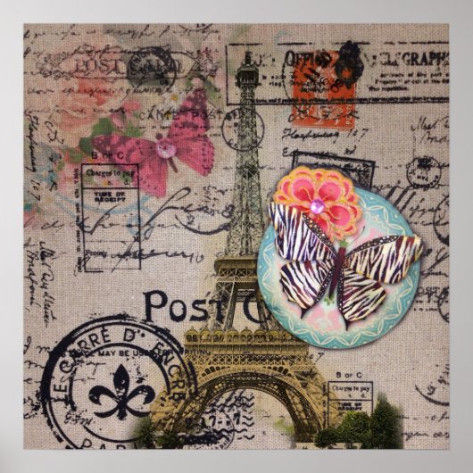 Franse vlinder Modern  Paris Eiffeltoren Poster (Voorkant)