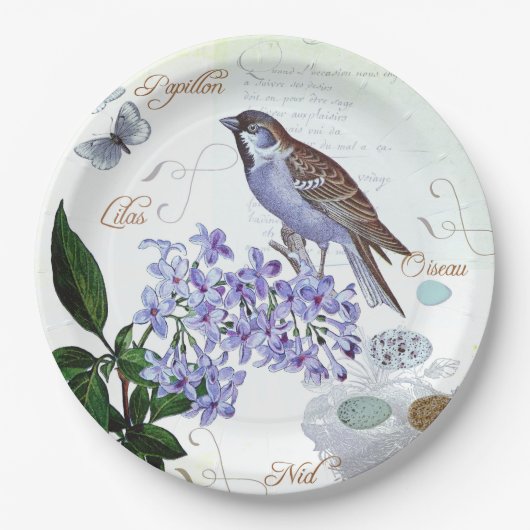 Franse Vogel Bloemen Collage Look Papieren Bordje (Voorkant)