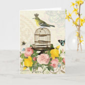 Franse vogel en vogelkooi notecard Kaart (Gele Bloem)
