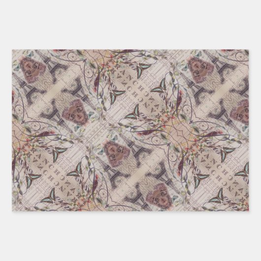 Franse Vogelbotanische Eiffeltoren Inpakpapier Vel (Voorkant 3)