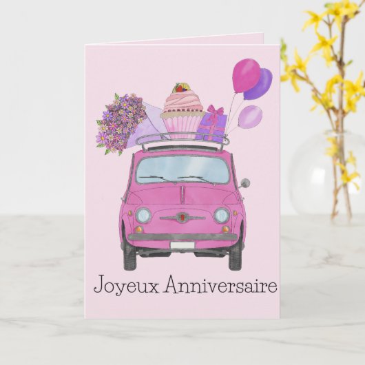 Franse vogelretro Fiat 500 Kaart (Gele Bloem)