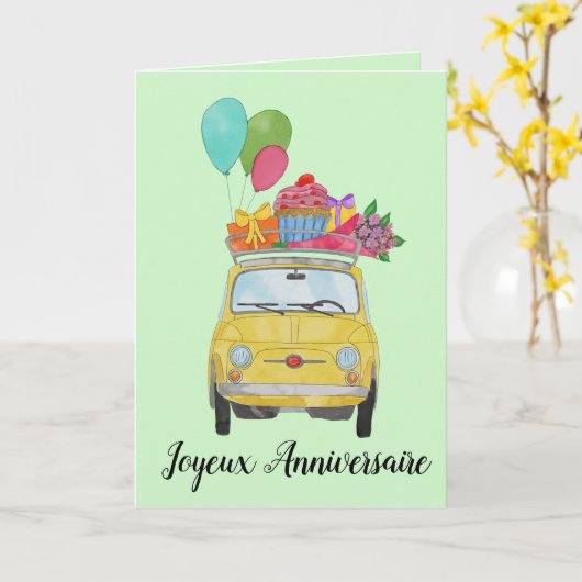 Franse vogelretro Fiat 500 Kaart (Gele Bloem)