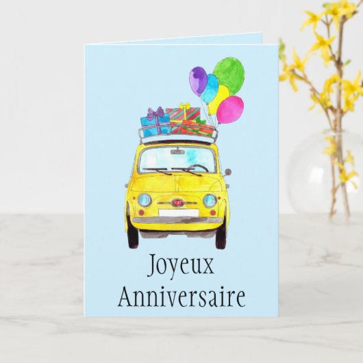 Franse vogelretro Fiat 500 Kaart (Gele Bloem)