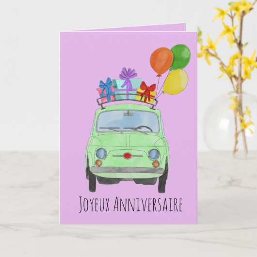 Franse vogelretro Fiat 500 Kaart (Gele Bloem)