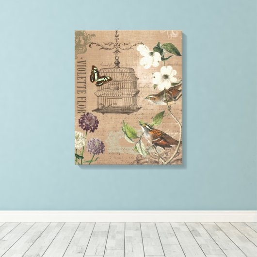  Franse vogeltjes en tuin uitgerekt canvas (Insitu (Houten vloer))