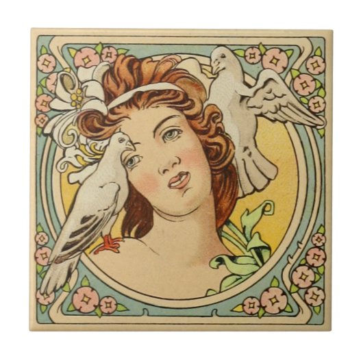  Franse Vrouw Art Nouveau Ceramic Tegeltje (Voorkant)