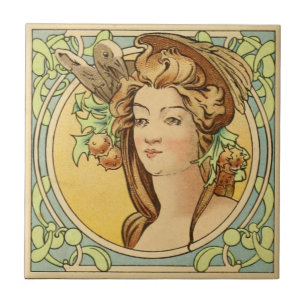 Franse Vrouw Art Nouveau Ceramic Tegeltje