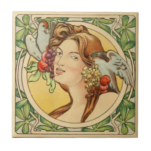  Franse Vrouw Art Nouveau Ceramic Tegeltje