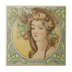  Franse Vrouw Art Nouveau Ceramic Tegeltje