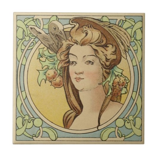 Franse Vrouw Art Nouveau Ceramic Tegeltje (Voorkant)